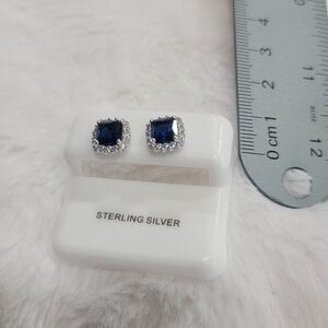 Elegant Blue Sterling Silver Earrings. Halo Design Studs.